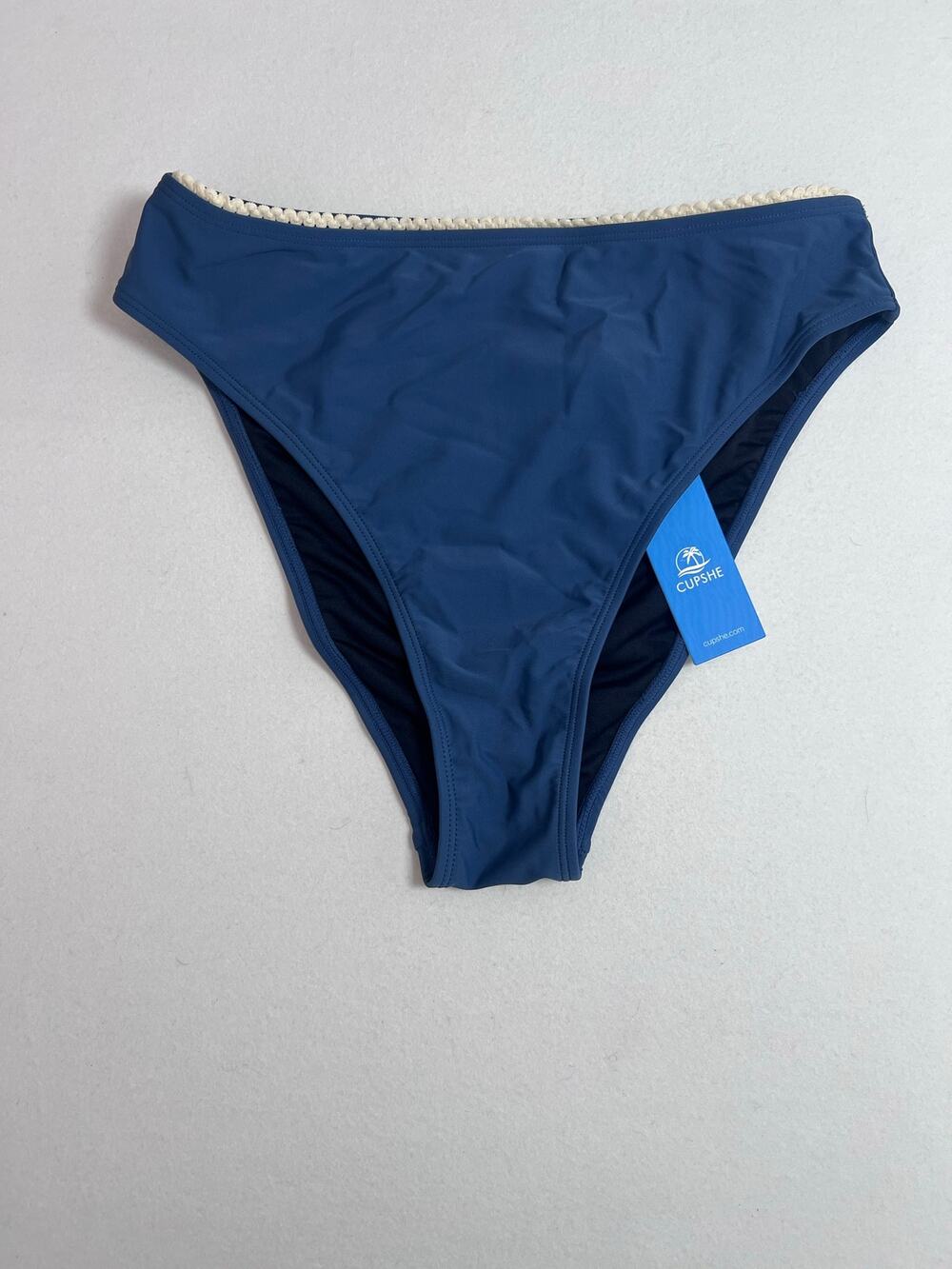 CUPSHE Womens M Blue High Waisted Bikini Bottom Cream Crochet Trim NWT